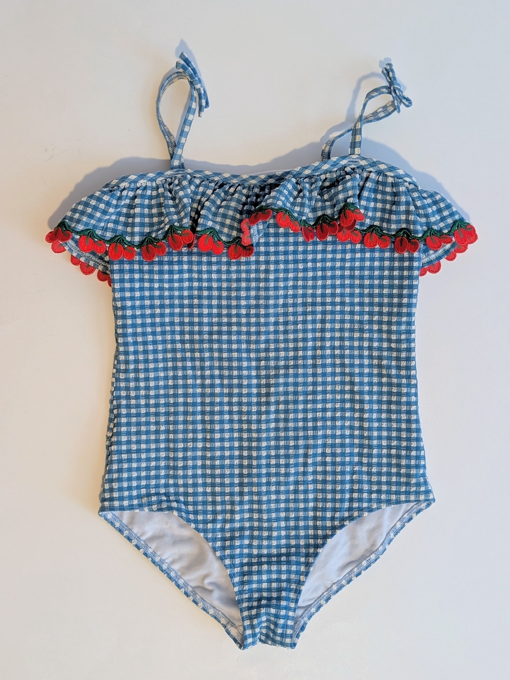 Mini Boden Blue Gingham One-Piece Swimsuit with Red Cherry Trim 9-10Y